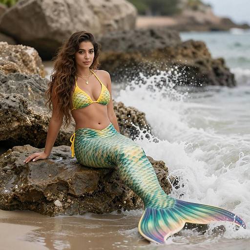 Confident Mermaid on Rocky Shoreline
