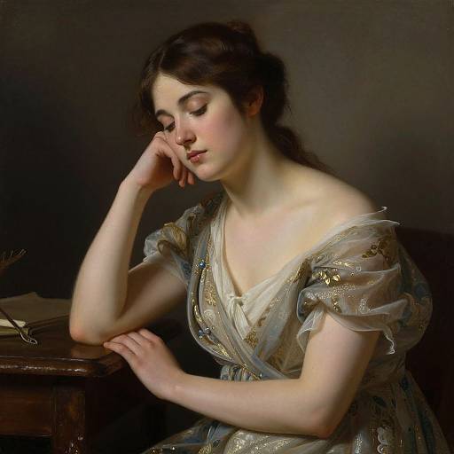 Photorealistic painting of a contemplative young woman with fair skin, dark hair, and delicate features, wearing a shimmering, off-shoulder