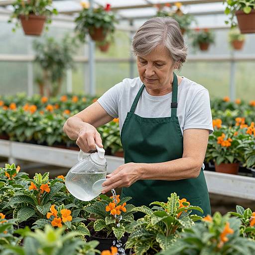 Senior Woman Watering Greenhouse Plants