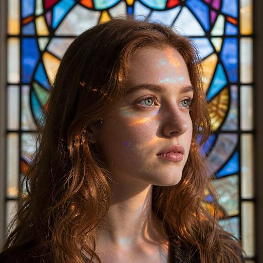Photograph of a fair-skinned, red-haired woman with wavy hair, blue eyes, and soft light reflecting on her face, standing in front