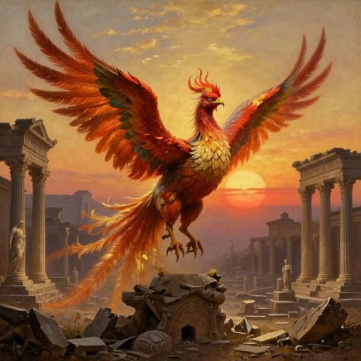 Phoenix Rising Over Ancient Ruins