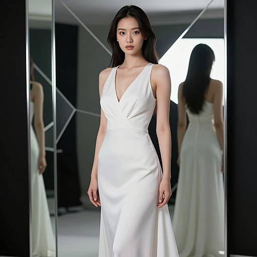 Photograph of an East Asian woman with long black hair, wearing a sleeveless white satin V-neck dress, walking on a fashion runway with mirrored reflections
