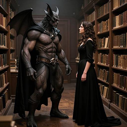 Photorealistic CGI: Muscular, dark-skinned, black-scaled demon with wings and armor stands in a dimly lit library, facing a