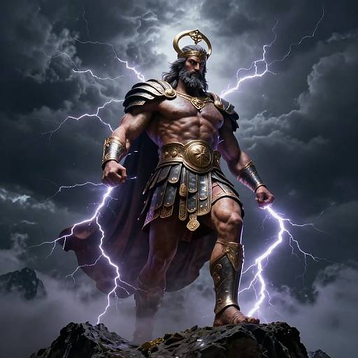 Digital art of a muscular, bearded god with a horned helmet, armored skirt, and gold accessories, standing on rock amid lightning bolts and dark