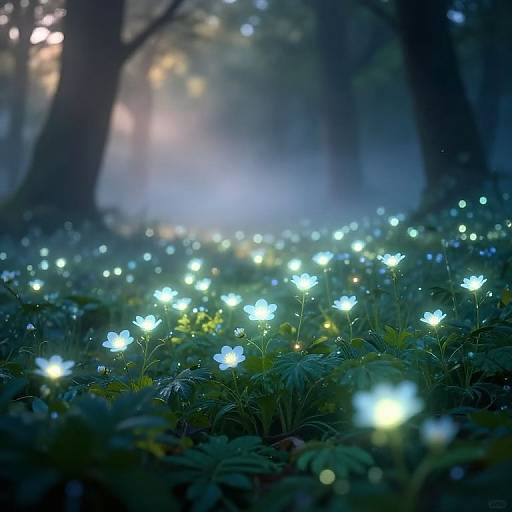 Photograph of a mystical forest at night, illuminated by glowing blue and white fireflies among lush green foliage, with misty, blurred trees in the
