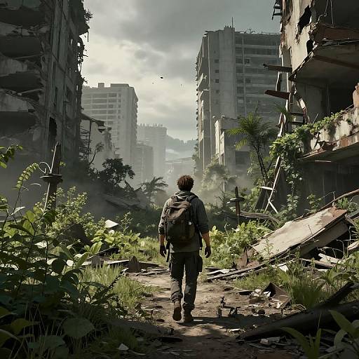 Photograph-style digital artwork of a lone, backpack-wearing figure walking through a ruins-filled, overgrown urban landscape with tall, damaged buildings under a