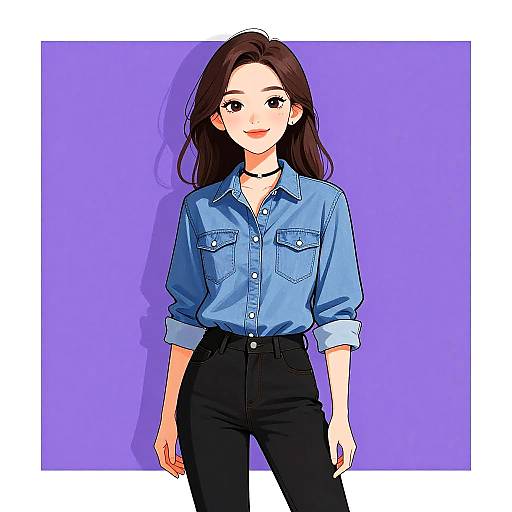 Digital anime-style drawing of a smiling young woman with long brown hair, wearing a blue denim shirt and black high-waisted pants, against a solid
