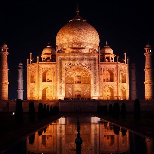 Photograph of the illuminated Taj Mahal at night, glowing in golden hues, with a reflective pool in the foreground.