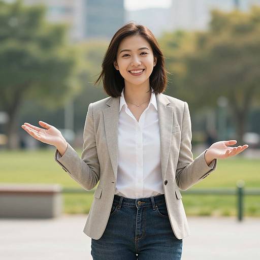 Photograph of smiling Asian woman with straight black hair, wearing a gray blazer, white shirt, and blue jeans, standing outdoors with arms raised,