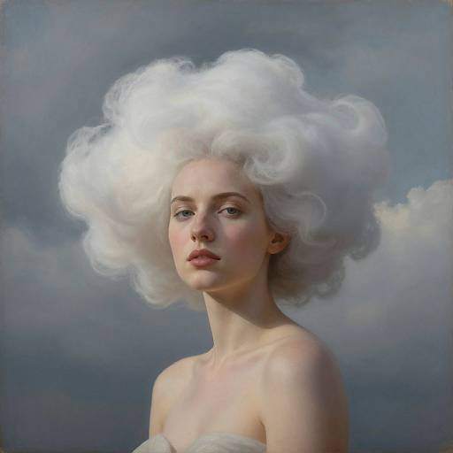 Digital painting of a pale-skinned woman with voluminous, cloud-like white hair against a blue-gray sky, wearing a strapless white garment.
