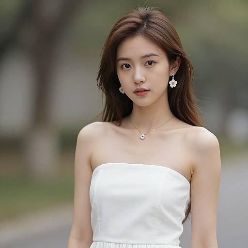 Photograph of an Asian woman with long dark hair, wearing a strapless white dress, daisy earrings, and a star-shaped necklace, standing outdoors