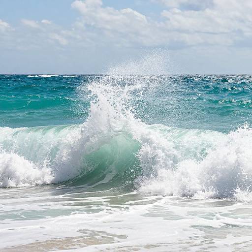Photograph of a crashing ocean wave, white foam splashing against the turquoise water, under a bright blue sky with scattered clouds.