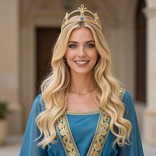 Blonde Woman in Blue Embroidered Dress