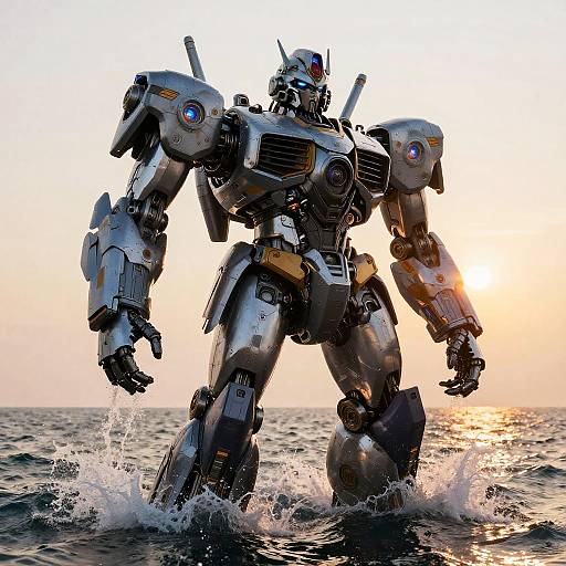 Photorealistic CGI of a large, white and silver robotic mecha standing in ocean waves at sunset, splashing water around its legs.