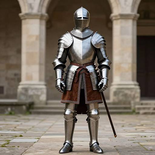 Photorealistic CGI image of a medieval knight in shiny silver armor, holding a sword, standing in a stone courtyard with archways in the background.