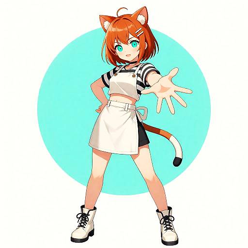 Anime Barista with Cat Ears in Dynamic Pose