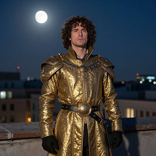 Photograph of a curly-haired man in a golden, armored medieval-style robe, standing on a rooftop at night under a full moon.