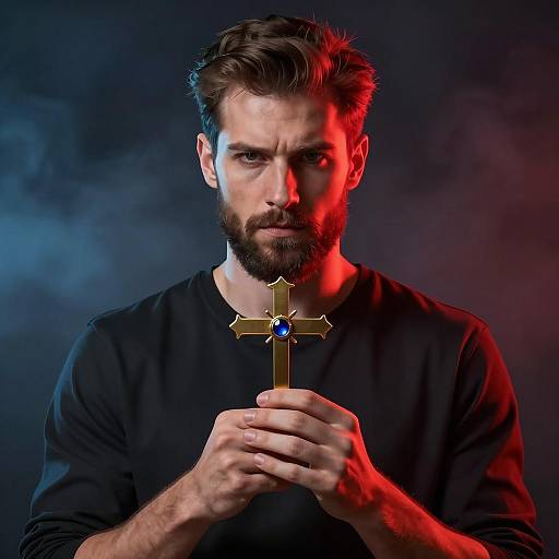 Focused Man Holding Golden Cross Illumination