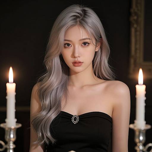 Photograph of a young Asian woman with long, wavy, silver hair, wearing a black strapless dress with a gem brooch, standing in