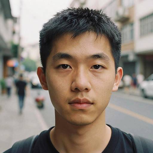 Photograph of a young Asian man with short black hair, neutral expression, wearing a black shirt, standing on a busy urban street.