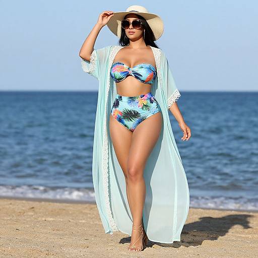 Photograph of a confident woman in a blue tropical bikini, white sunhat, and flowing sheer robe, standing on a sunny beach with the ocean in