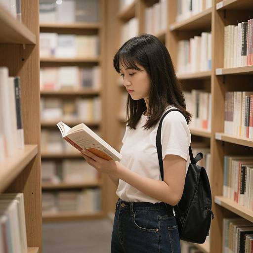 Photograph of an Asian woman with straight black hair, wearing a white t-shirt and blue jeans, reading a book in a wooden library. She has
