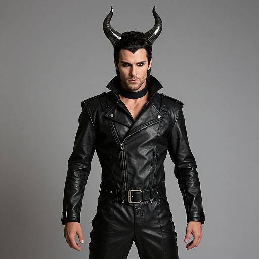 Photograph of a muscular man with black horns, black leather jacket, and pants, standing against a gray background. Intense expression, dark hair,