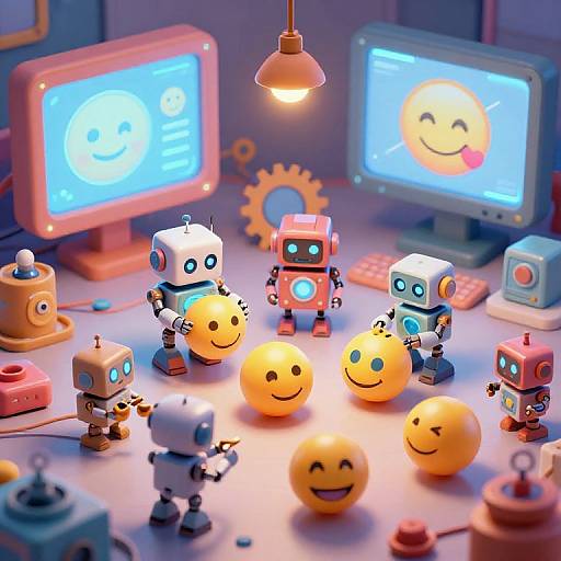 Photograph of colorful robotic figures and smiling emoji toys on a desk with glowing monitors, under a hanging lamp, in a vibrant, tech-themed room.