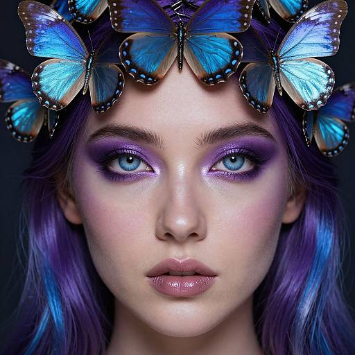 Photograph of a fair-skinned woman with vivid blue eyes, purple eyeshadow, and purple-blue hair, adorned with vibrant blue butterflies on her