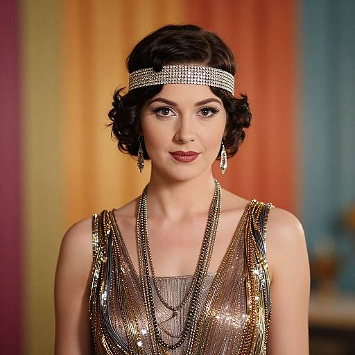 Photograph of a fair-skinned woman with short, curly black hair, wearing a sparkling gold sequin dress, headband, and long necklace,