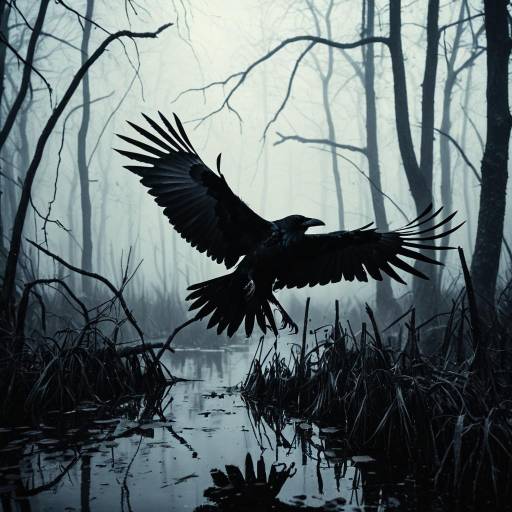 Dark Crow Flying in Foggy Swamp
