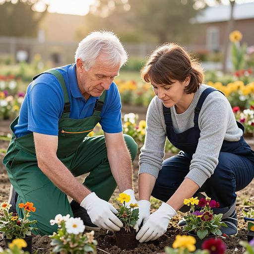 Photograph of an elderly white man and young white woman, both wearing gloves and overalls, planting flowers in a sunlit garden.