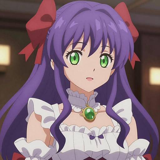 Anime Girl with Purple Hair in Ruffled Dress