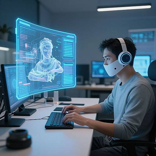 Photograph of an Asian man with short black hair, wearing a white face mask and headphones, working on computer screens displaying a blue, 3D