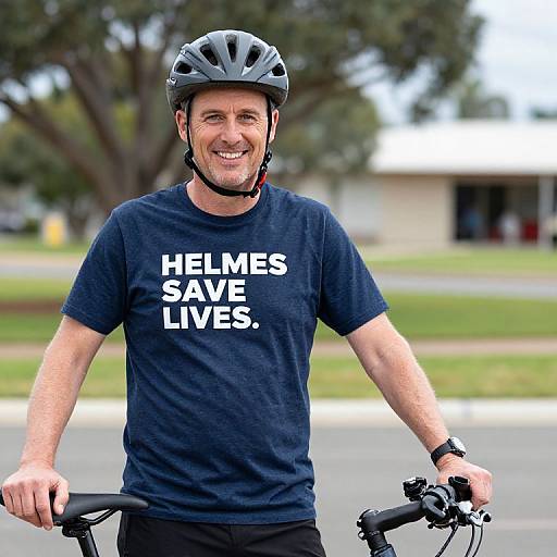 Photograph of smiling middle-aged man in black helmet and navy 