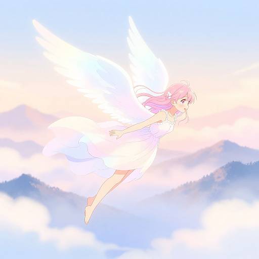 Digital anime-style illustration of a pink-haired girl with flowing hair, wearing a white dress, floating serenely among fluffy clouds against a pastel sky