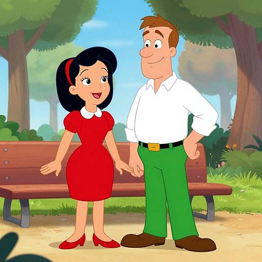 Cartoon image of a smiling couple holding hands on a park bench, woman in red dress, man in white shirt and green pants.