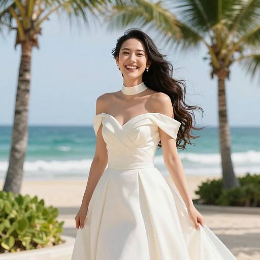 Photograph of a smiling Asian woman with long black hair, wearing an off-shoulder white wedding dress, standing on a sunny beach with palm trees