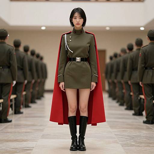 Photograph of an Asian woman with short black hair, wearing a military-style olive green dress, red cape, black boots, and belt, standing in