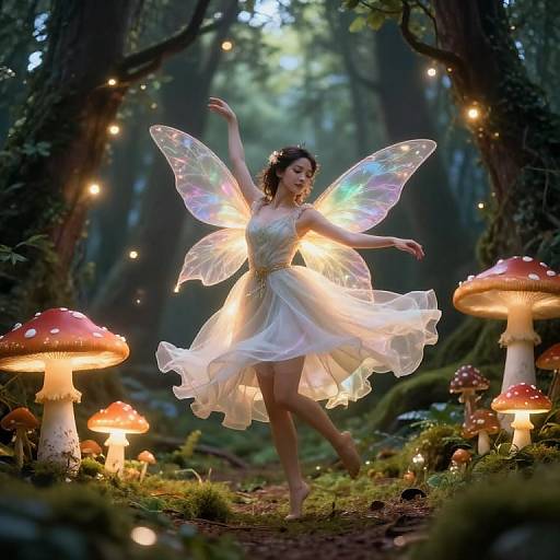 Enchanted fairy in a glowing white dress dancing among glowing mushrooms and twinkling lights in a mystical forest. Digital artwork.
