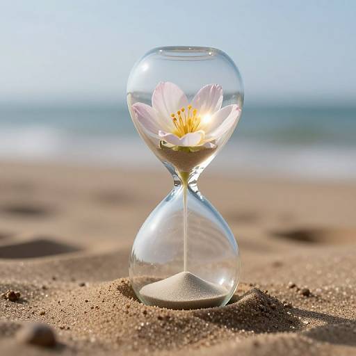 Photograph of a clear glass hourglass with a pink flower inside, standing on a sandy beach with a blurred ocean and sky background.