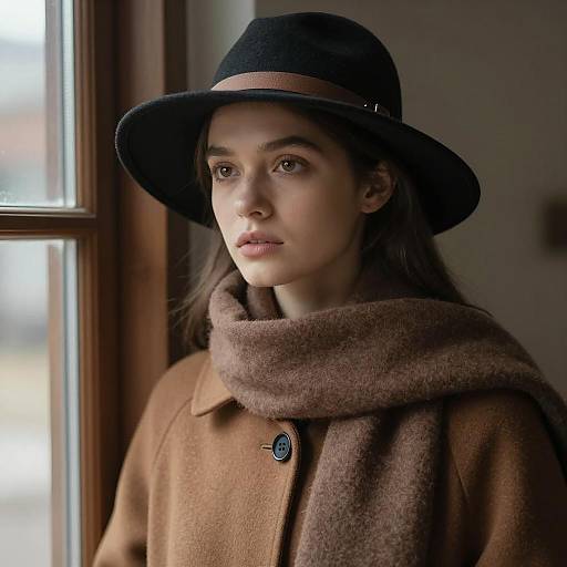 Pensive Woman by Window in Brown Attire