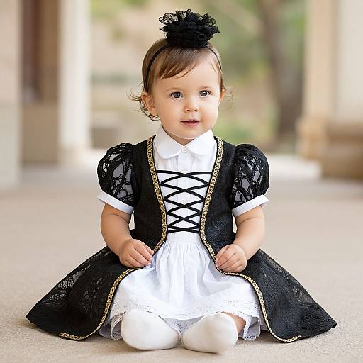 Photograph of a cute baby girl with light brown hair, wearing a black and white gothic-style dress, black lace sleeves, white leggings, and