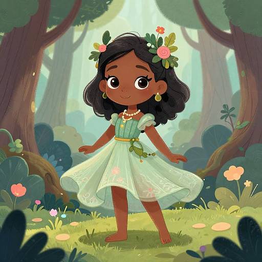 Digital illustration of a cute, dark-skinned girl with black hair and flower crown, wearing a white, floral dress, standing barefoot in a sun
