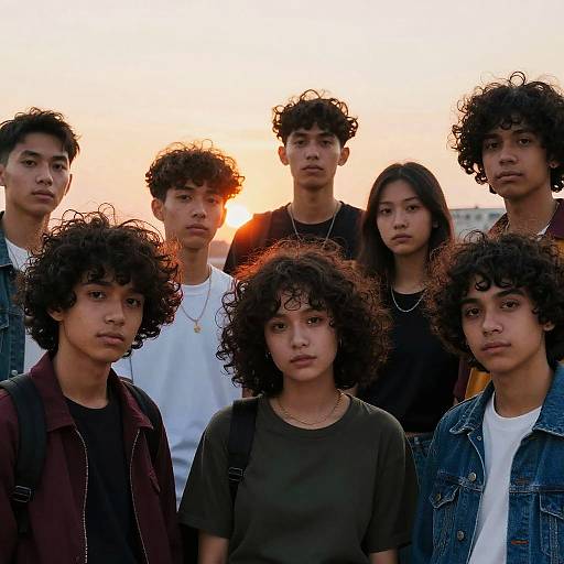 Photograph of seven young people with curly hair, diverse ethnicities, wearing casual clothes, standing in front of a sunset, serious expressions.