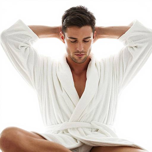 Photograph of a handsome, dark-haired man in a white, textured bathrobe, sitting cross-legged with hands behind head, eyes closed, against a