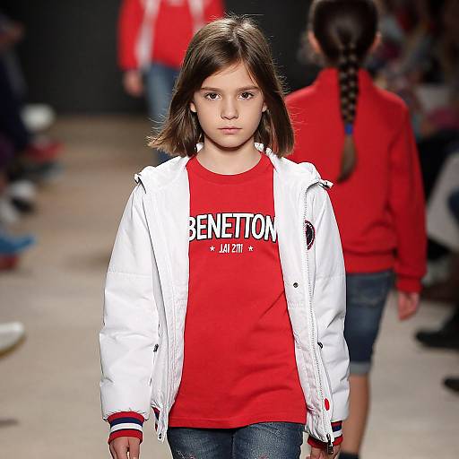 Photograph of a young girl with long brown hair, wearing a white jacket over a red 