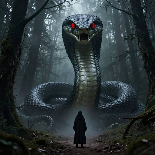 Digital artwork of a towering, serpent-like creature with glowing red eyes and a hooded figure standing before it in a dark, foggy forest.