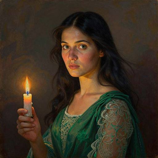Photorealistic digital painting of a young woman with long dark hair, holding a lit candle, wearing a green lace dress, against a dark, textured