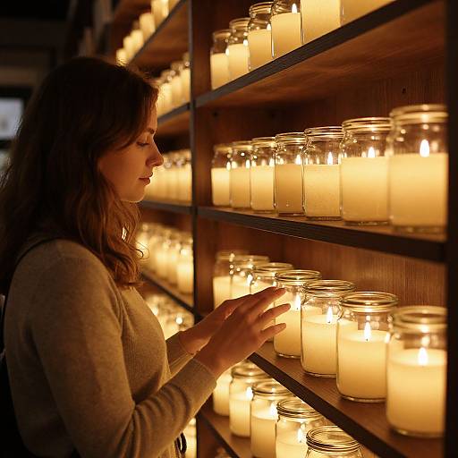 Photograph of a woman with brown hair, wearing a beige sweater, gently touching lit candles in glass jars on wooden shelves. Warm, soft glow from